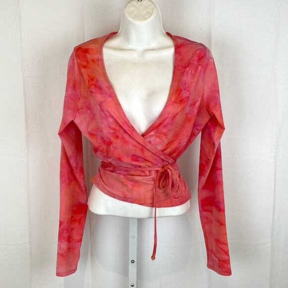 Outdoor Voices  Size XS Tissue Weave Wrap Top Pink Tie Dye Long Sleeve - Picture 1 of 6